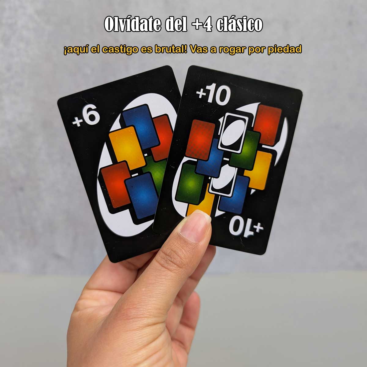 Juego de cartas UNO No Mercy, versión extrema del clásico UNO con nuevas reglas y desafíos. Carta +6 y +10