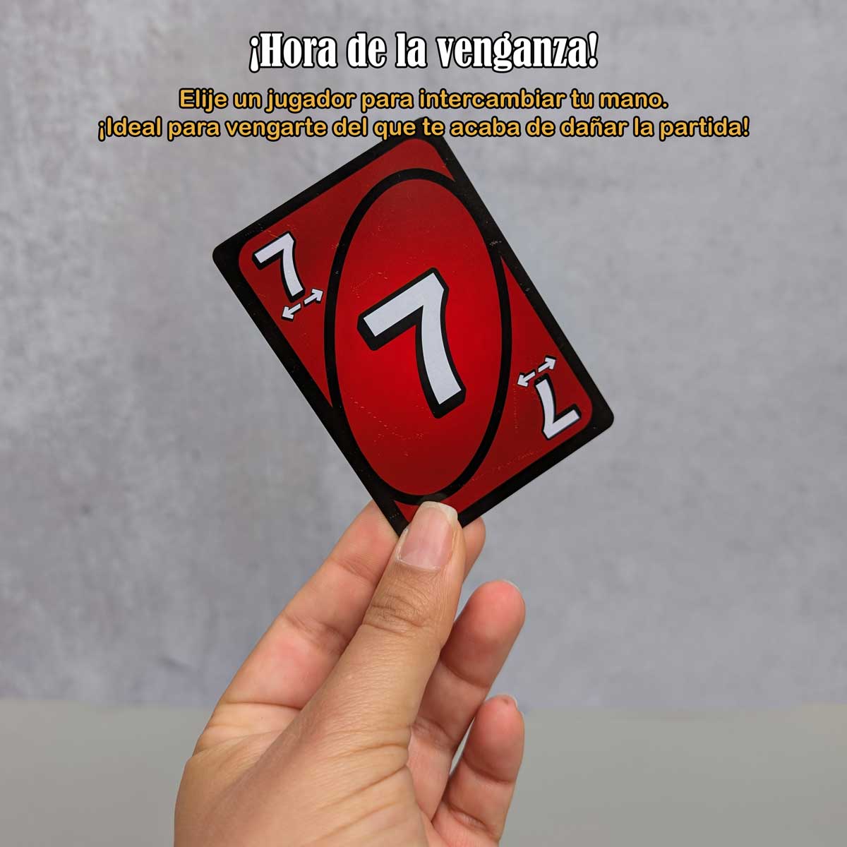 Juego de cartas UNO No Mercy, versión extrema del clásico UNO con nuevas reglas y desafíos. Carta 7 para cambiar tus tarjetas con otro jugador