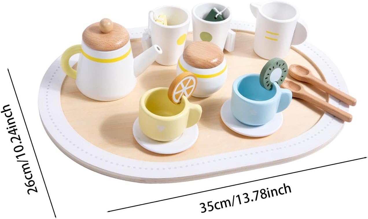 Juego de té de madera para niños, juguete de cocina ideal para juegos de rol y estimulación creativa. Referencia medidas