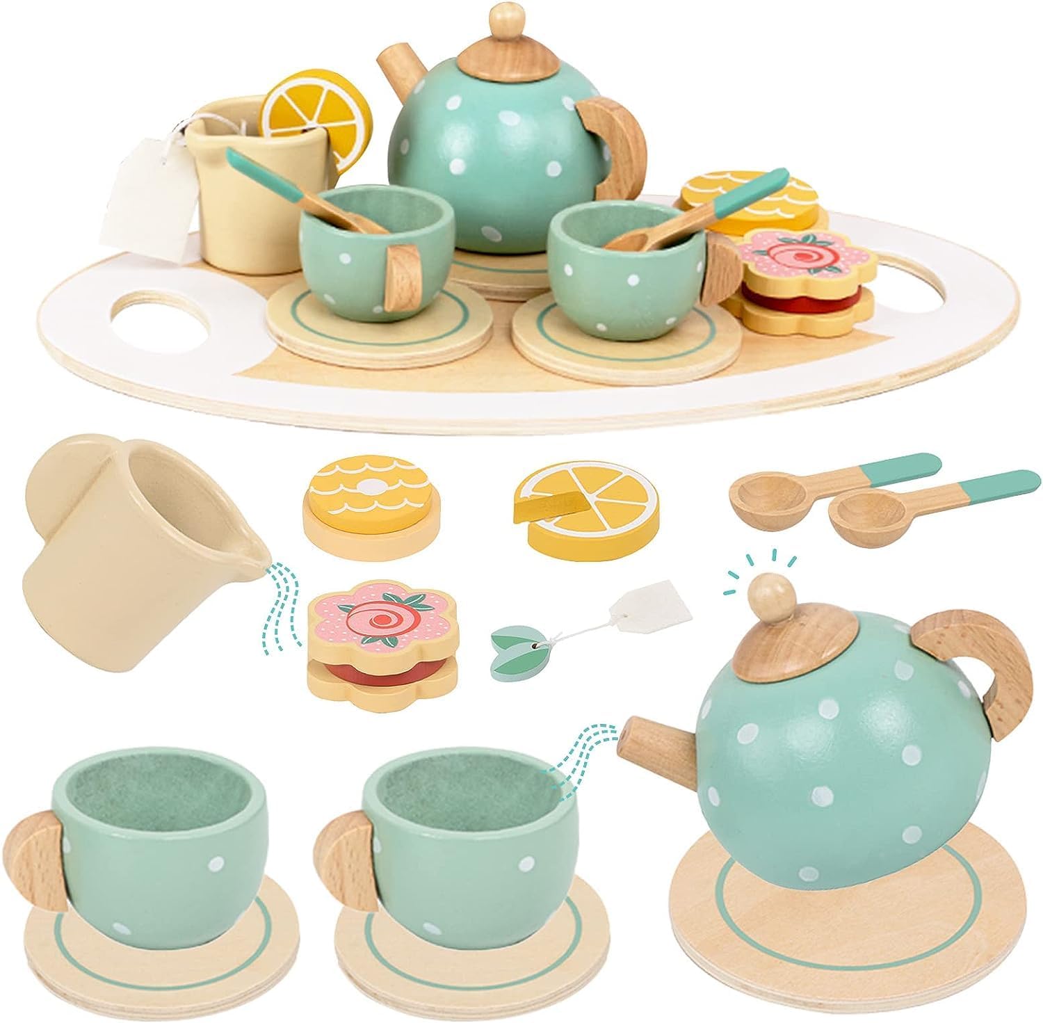 Set de Té de Madera para Niños con Bandeja