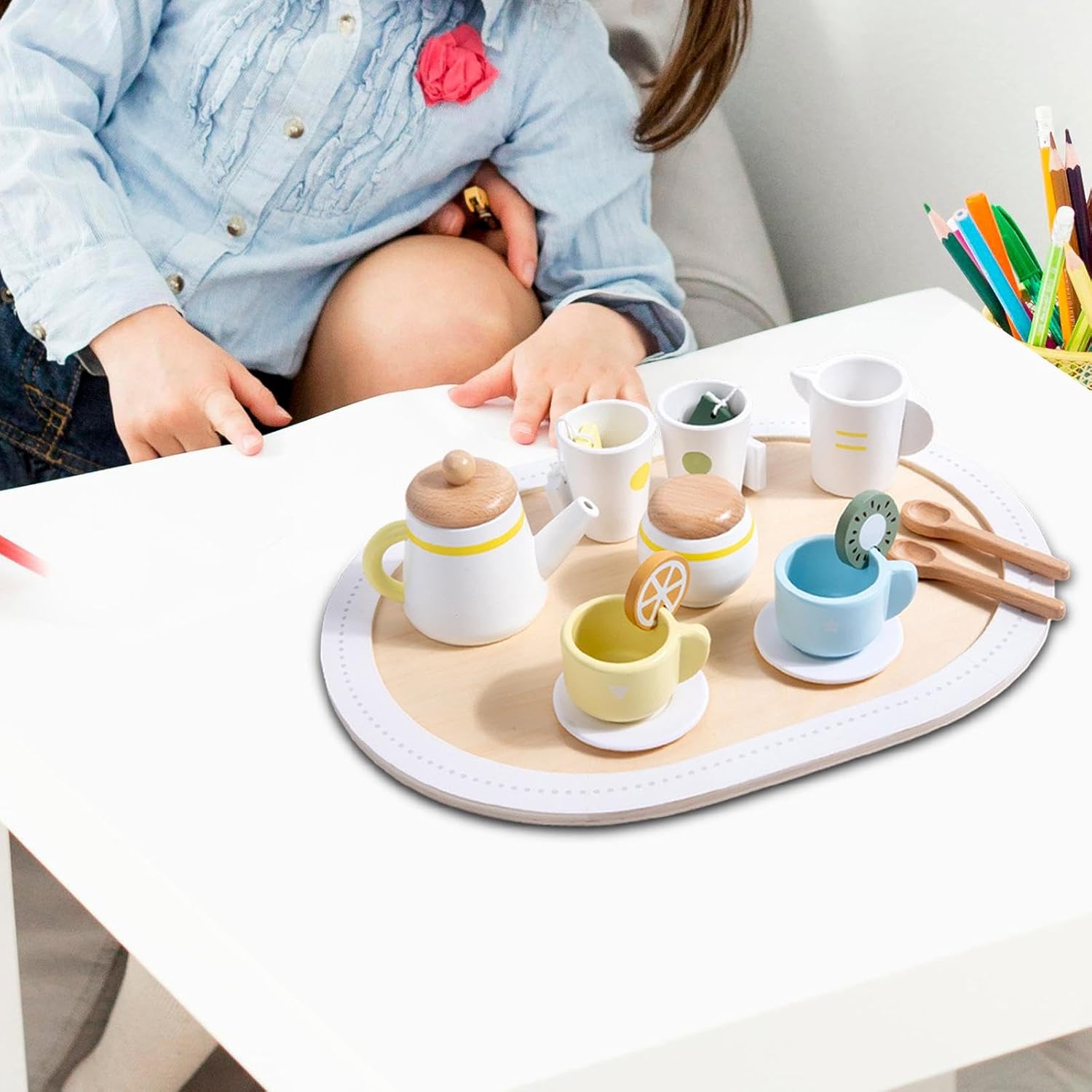 Juego de té de madera para niños, juguete de cocina ideal para juegos de rol y estimulación creativa