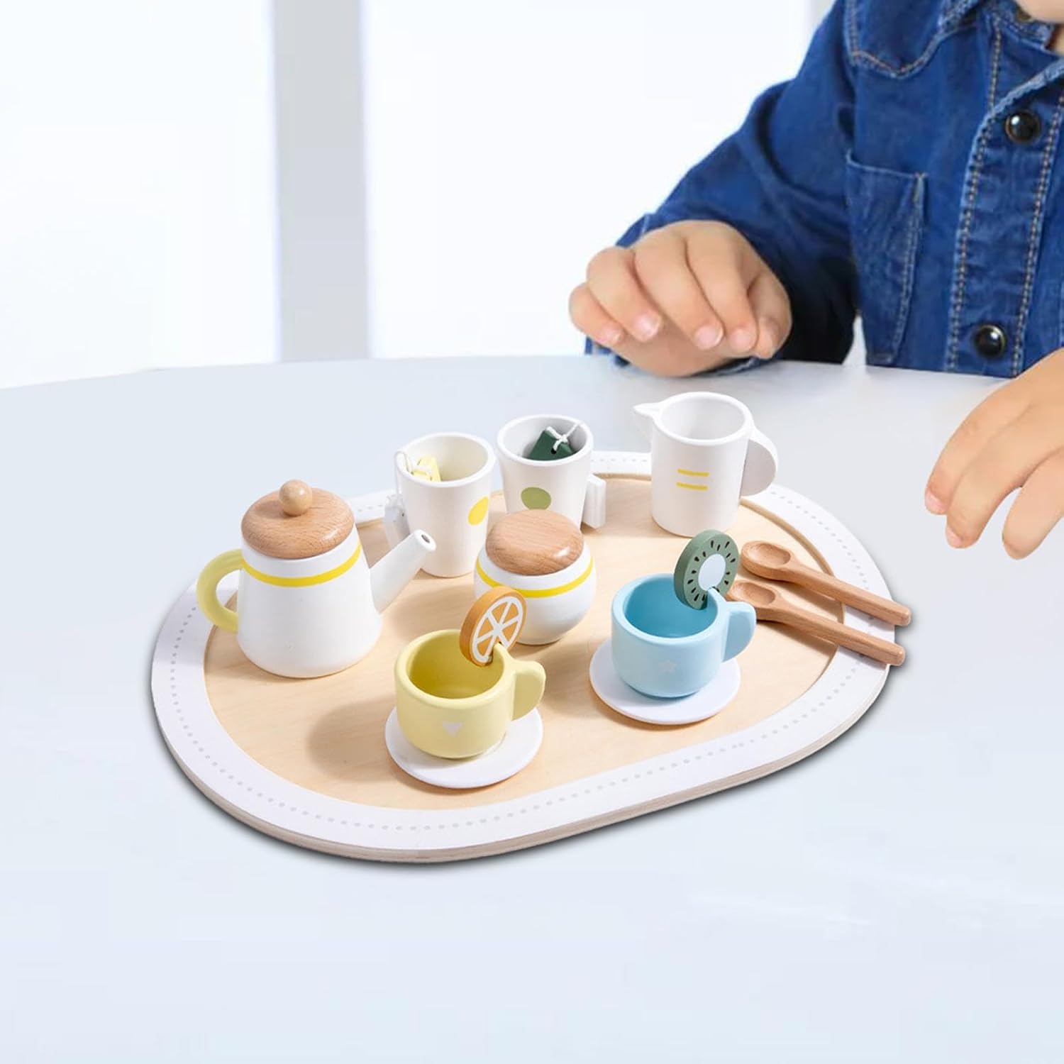 Juego de té de madera para niños, juguete de cocina ideal para juegos de rol y estimulación creativa